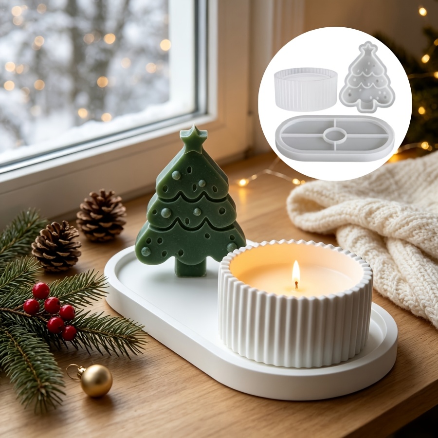 Silicone Epoxy Resin Molds Set - 3ピースセットの樹脂シリコンモールド、エポキシ樹脂のクリスマスツリーキャンドルと楕円形のトレイモールド、DIYクラフト、家の装飾用