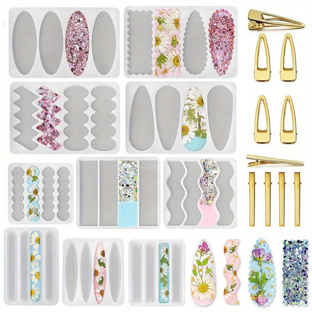 Silicone Epoxy Resin Molds Set - エポキシ樹脂や樹脂製アクセサリーを使用して太いヘアピンを作成するために特別に設計された、厚みのあるバージョンを含む10個セットのディープヘアピンシリコンモールド。