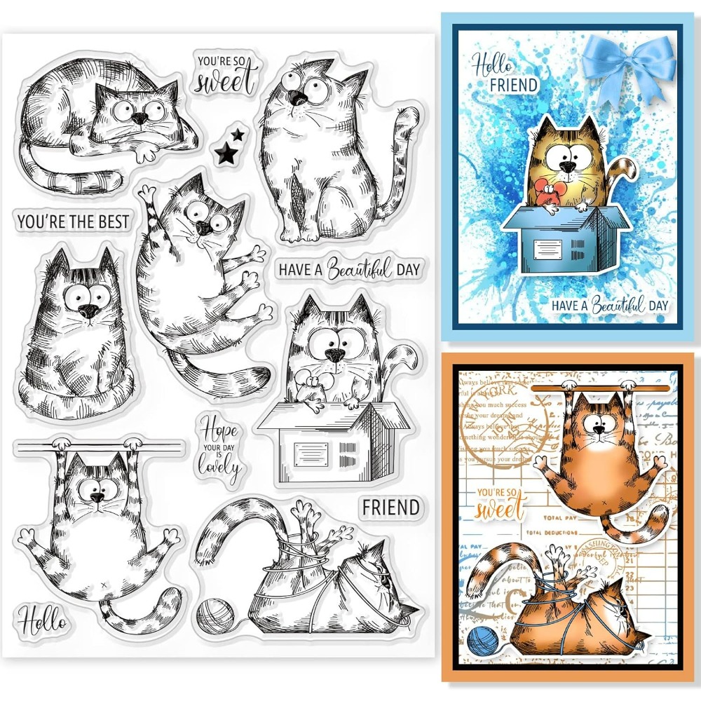 Clear Silicone Stamps For Card Making - 透明なシリコンゴムスタンプ、素敵な猫のアザラシ、願いの言葉、ゴム、DIYカード作成、8.3x5.6