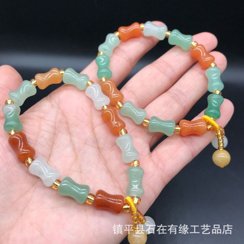 Beading - 天然アベンチュリン竹、金糸、三色翡翠フォーチュンビーズブレスレットジュエリー