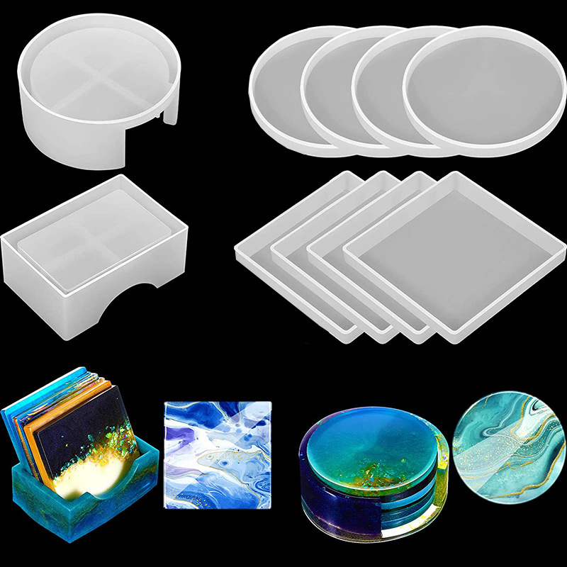 Silicone Epoxy Resin Molds Set - 5個/セット DIY エポキシ樹脂カップコースター作成用シリコン型、丸型と四角形のコースターシリコン型を含む