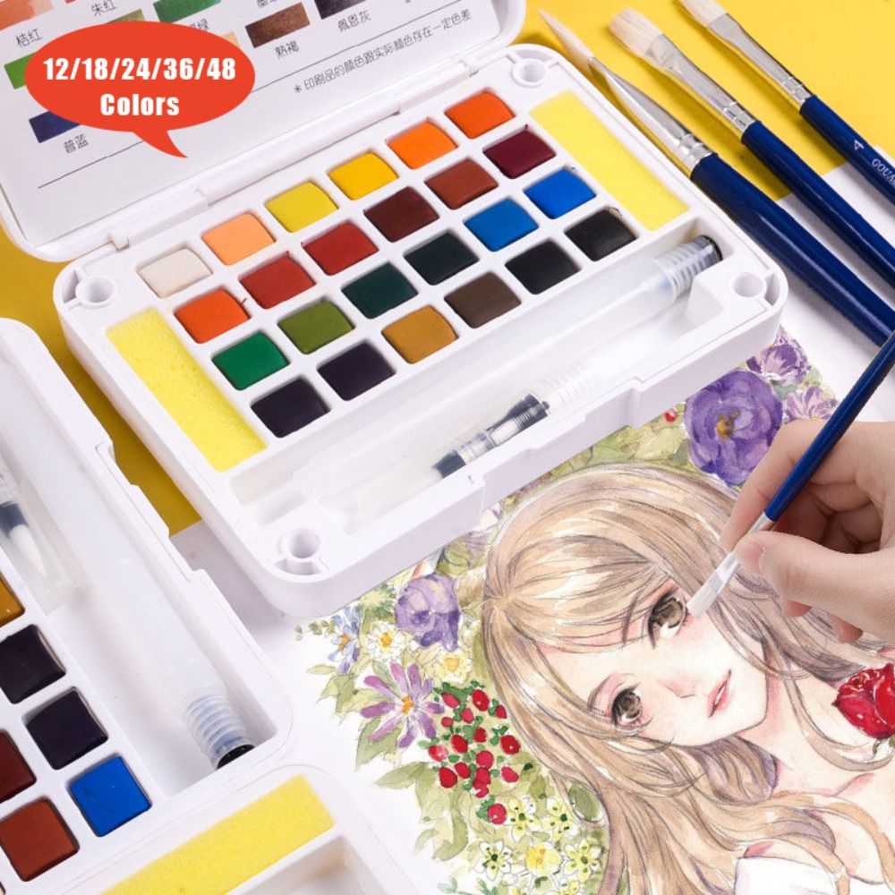 Watercolor Paint Set Solid Pigment - プロフェッショナル水筆ペン水彩絵の具セット 12/18/24/36/48 色固体油絵キット絵画顔料セット学校