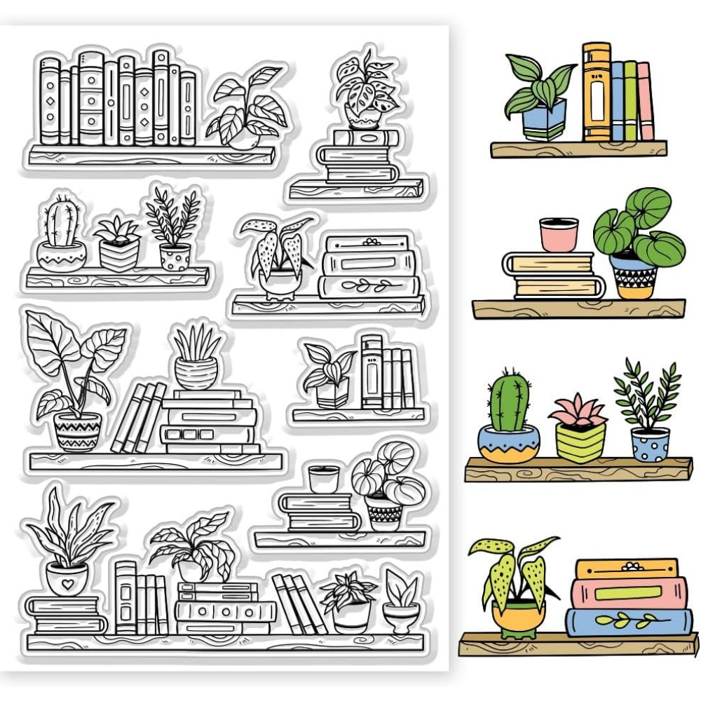 Clear Silicone Stamps For Card Making - 鉢植えの本棚,透明なスタンプ,本と植物のエンボス加工,日曜大工のスクラップブッキングやカード作成用のシリコンシール