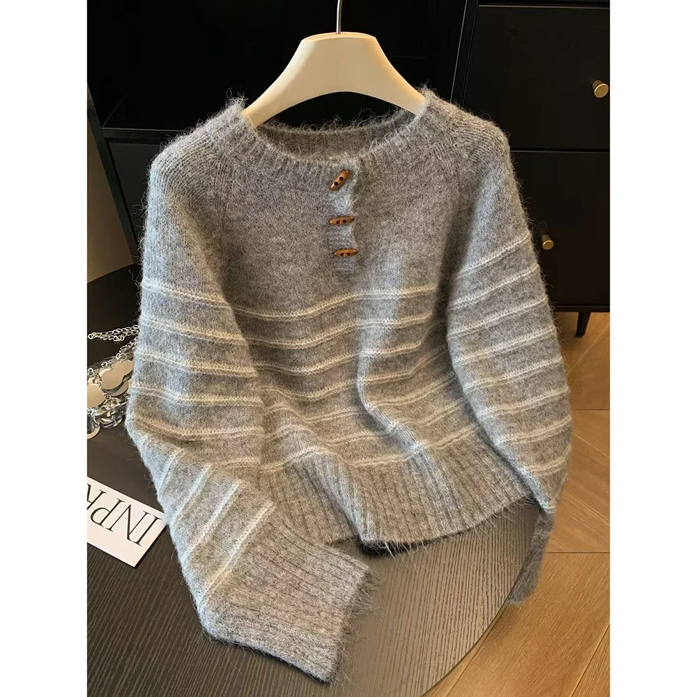 Embroidery - 秋冬レディースストライプウールカシミヤセーター、ゆったり暖かいニットプルオーバーベースシャツ