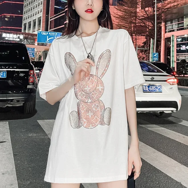 Embroidery - レディースサマーカジュアルTシャツ：ダイヤモンドカートゥーンプリント半袖Tシャツ、オフィス＆デイリーウェア