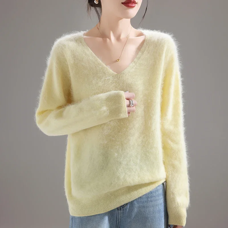 Embroidery - 2025年レディース100%メリノウールセーター、厚手ルーズニットプルオーバー長袖無地（72文字）