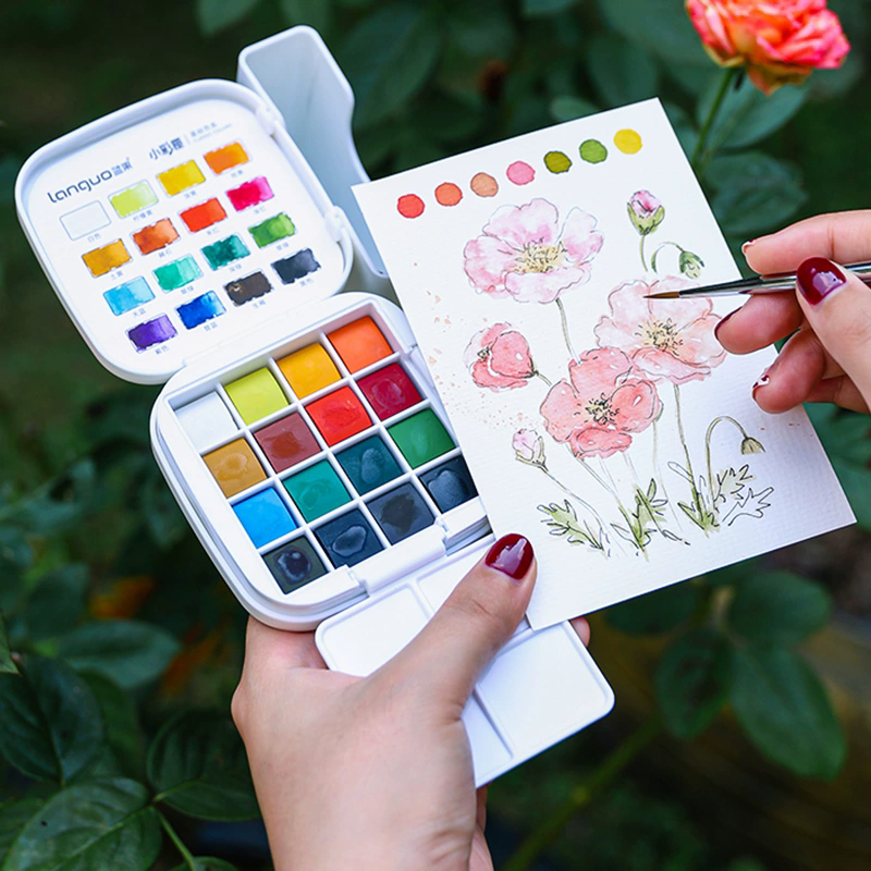 Watercolor Paint Set Solid Pigment - LANGUO 16色水彩絵具セット 旅行用携帯ボックス 水筆付き 固形顔料キット アーティスト向け
