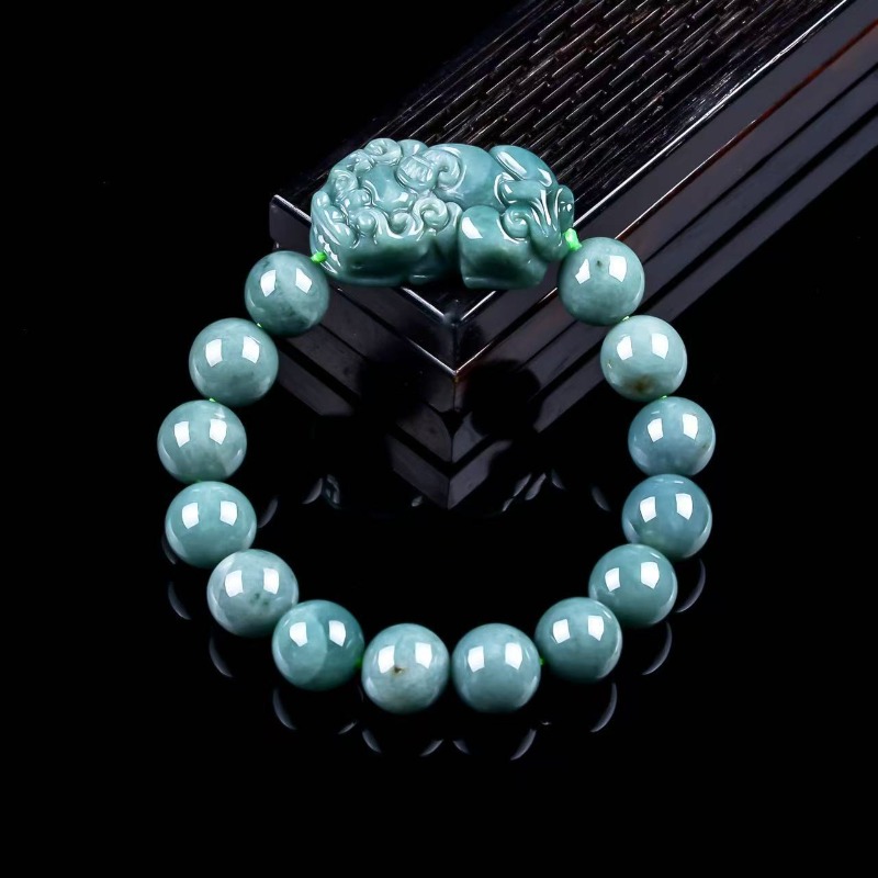 Beading - 天然の本物のエメラルドブルーウォーター貔貅（ヒキュウ）ラウンドビーズブレスレット ミャンマージェダイトネックレス ジュエリーチャーム デザイナーラグジュアリー証明書付き