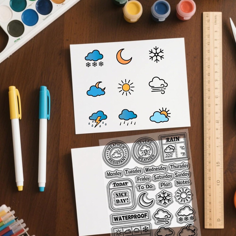 Clear Silicone Stamps For Card Making - 天気日記クリアスタンプ スクラップブッキング用 日付 温度 シリコンスタンプ 週間記録スタンプ