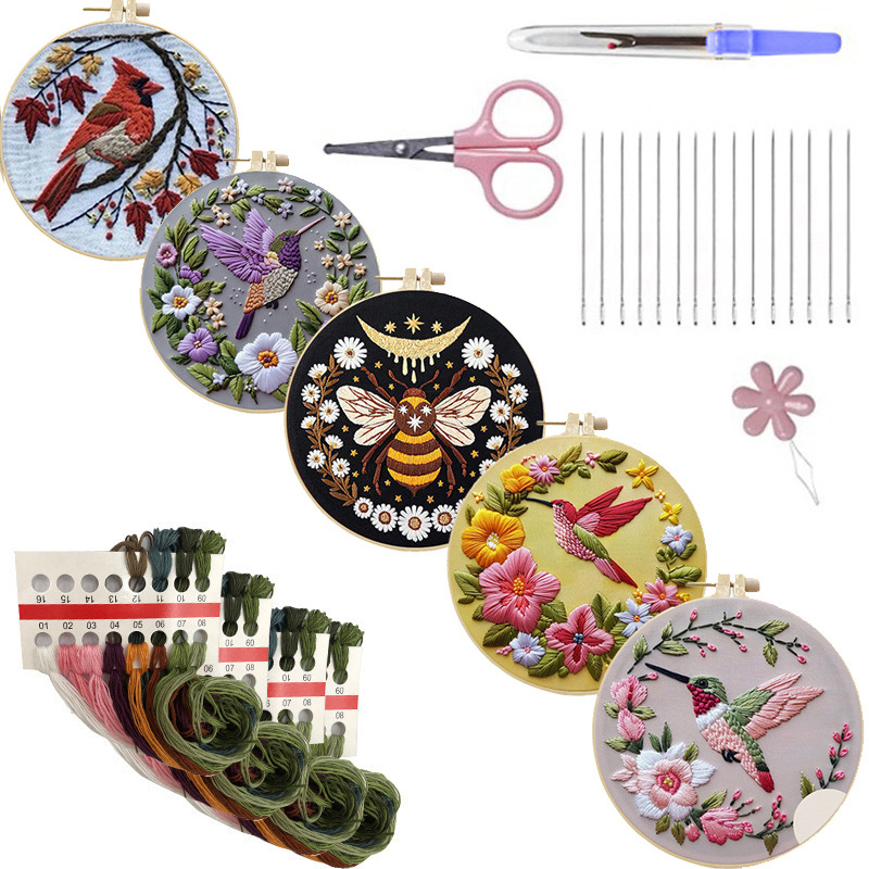 Cross Stitch Stamped Kits Beginners - ハチドリ刺繍キット 初心者向けパターン パンチニードルキット クロスステッチ フレンチスタンプ 布フープ糸付き