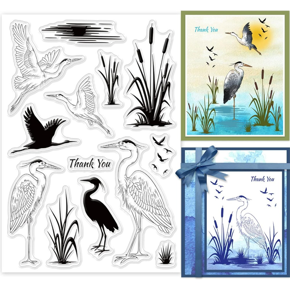 Clear Silicone Stamps For Card Making - ヘロンシリコンクリアスタンプ,カード作成,DIY,スクラップブッキング,フォトジャーナル,DIY,DIY,ウェットシルエット,湖,リード