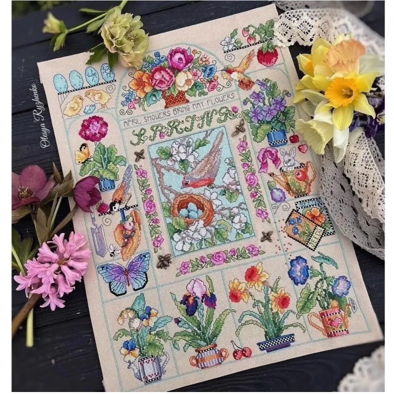 Cross Stitch Stamped Kits Beginners - 【CC2937 スプリングガーデン】初心者向けDIYスタンプ付きクロスステッチキット 11CT 14CT 16CT プリント済みキャンバス