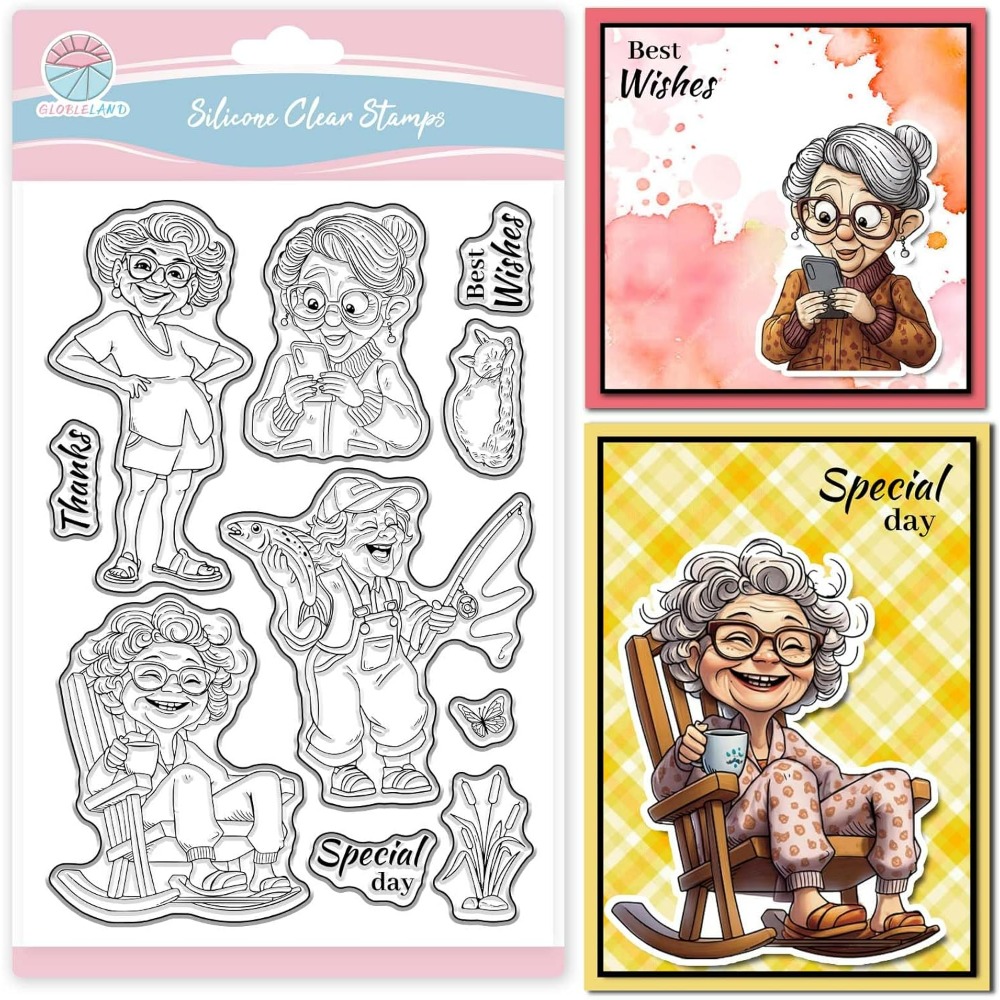 Clear Silicone Stamps For Card Making - 笑顔の老婦人クリアスタンプ スクラップブッキング用 釣り祖母 シリコーンスタンプ 猫の女性 透明スタンプ