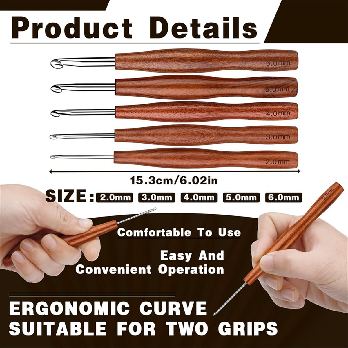 Wooden Crochet Hooks Ergonomic Handle - NOCM 5本かぎ針セット、5サイズのアルミニウム製人間工学に基づいたかぎ針、木製ハンドル付き、関節炎の手に最適、かぎ針針