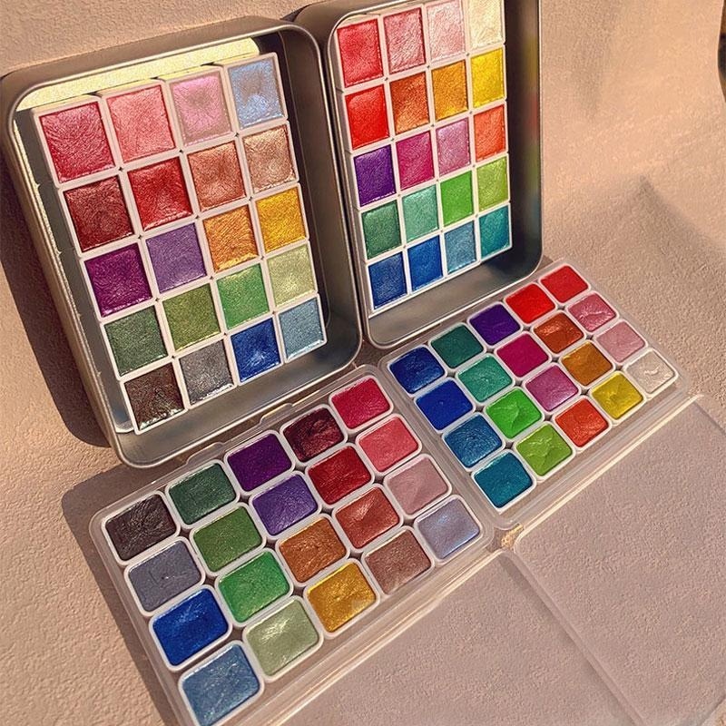 Watercolor Paint Set Solid Pigment - 真珠光沢のある塗料ポータブル 20 色固体水彩アート水彩セット顔料メタリックグリッター Acuarela ネイルアート用品