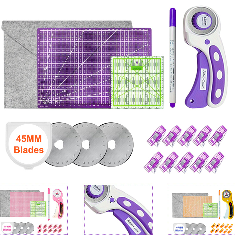Rotary Cutter For Fabric 45Mm - 厚みのあるA4カッティングマット付き45mmロータリーカッター+Sk5交換用ブレード+パッチワーク定規+縫製用マーカーペン+クラフトクリップ+収納バッグ、革、布、ペーパークラフトの裁断に適しており、ホリデーギフトとしても最適--Va
