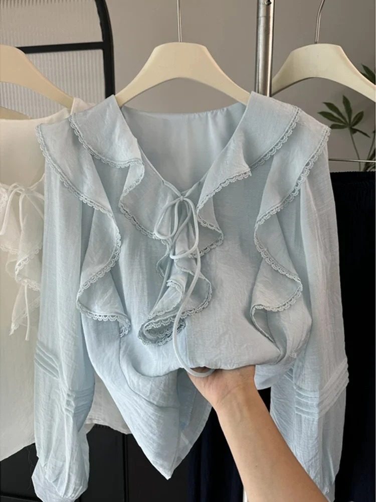 Embroidery - フレンチ V ネック シックな長袖ブラウス レディース 春夏