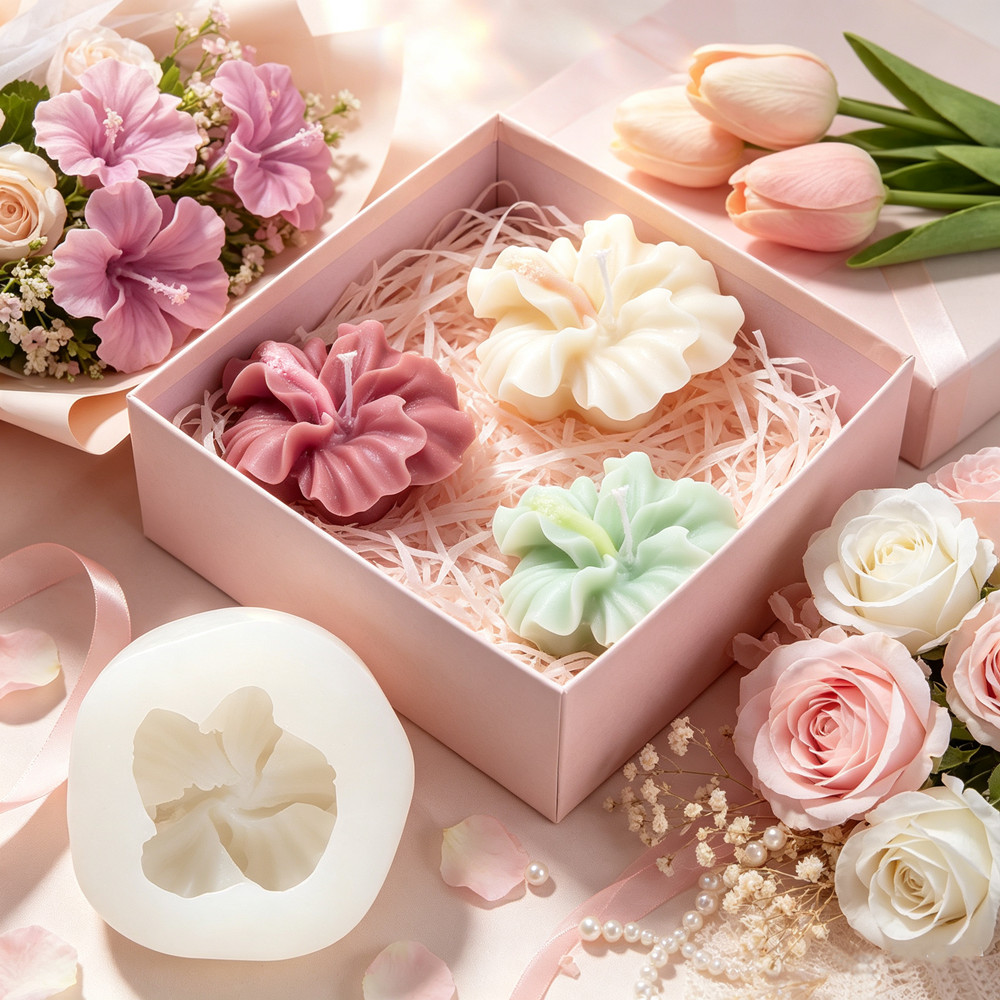 Silicone Epoxy Resin Molds Set - 2個入りハイビスカスフラワーキャンドルモールド、ポリマークレイキャンドル作り用フラワーシリコンモールド、エポキシ樹脂キャスティング、石鹸石膏工芸用