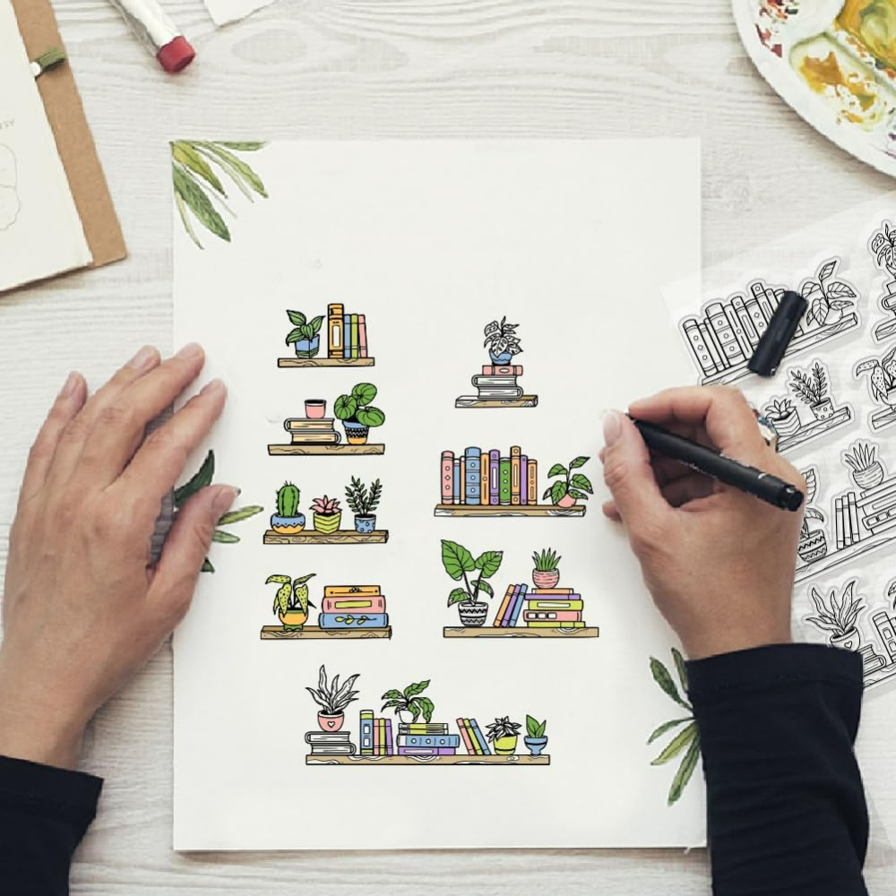 鉢植えの本棚,透明なスタンプ,本と植物のエンボス加工,日曜大 - Clear Silicone Stamps For Card Making のレビューと価格