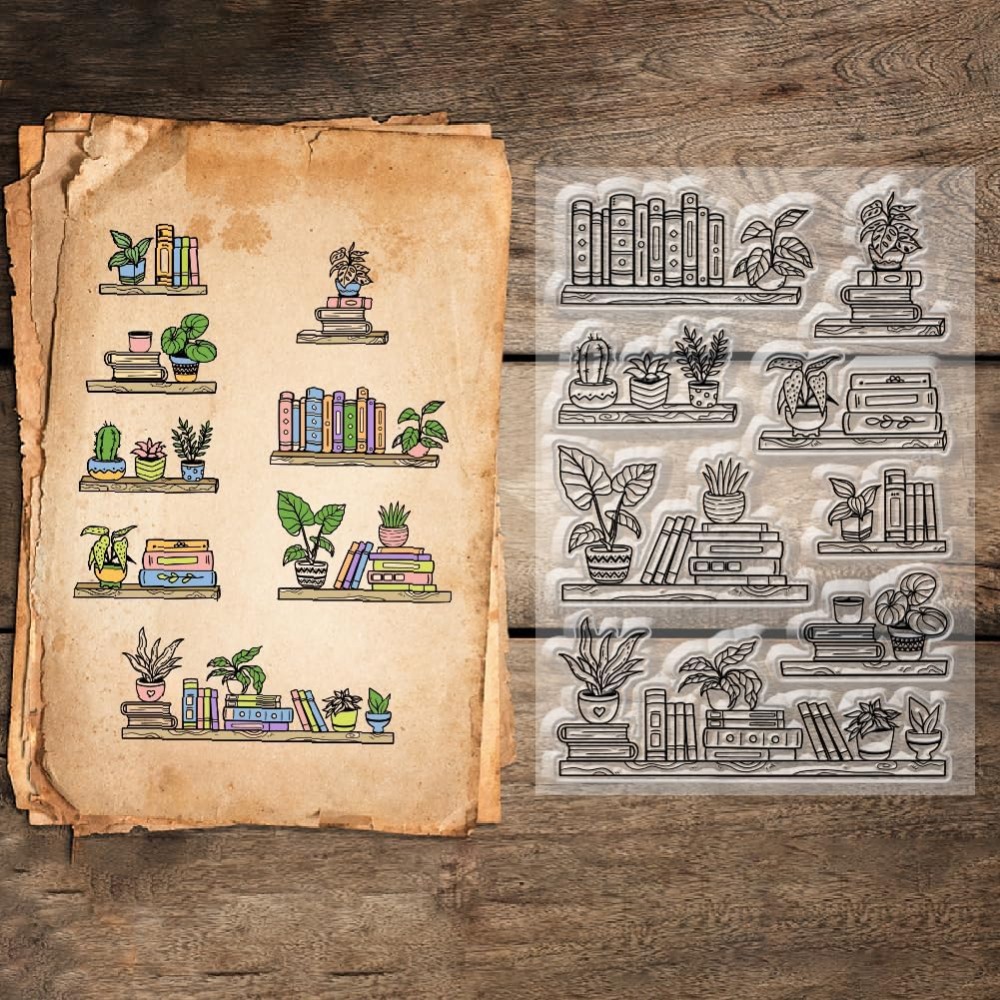 鉢植えの本棚,透明なスタンプ,本と植物のエンボス加工,日曜大 - Clear Silicone Stamps For Card Making のレビューと価格