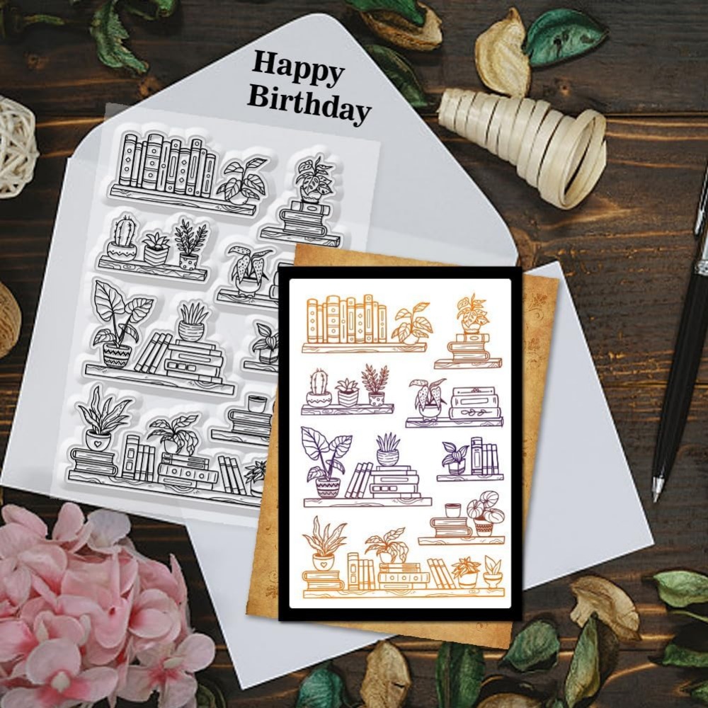 鉢植えの本棚,透明なスタンプ,本と植物のエンボス加工,日曜大 - Clear Silicone Stamps For Card Making のレビューと価格