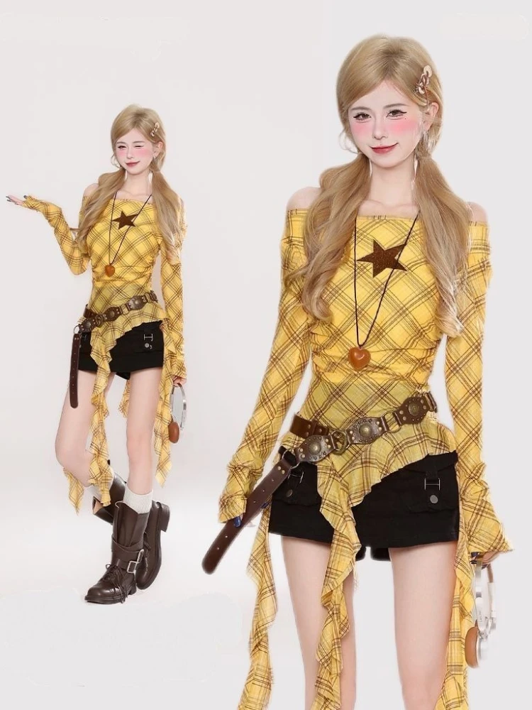 Y2K チェック柄スラッシュネックヴィンテージ T シャツ、 - Embroidery のレビューと価格